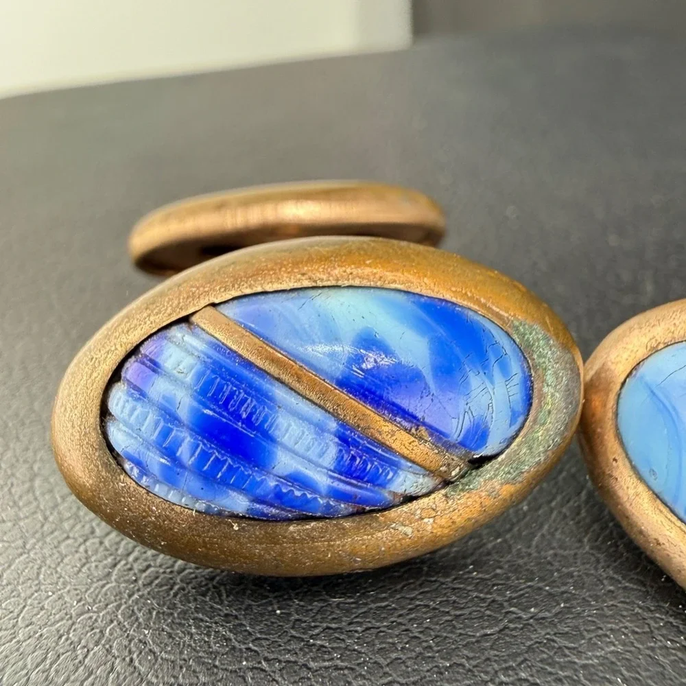 Vintage Antique Carved Blue Stone Cufflinks Gold Tone